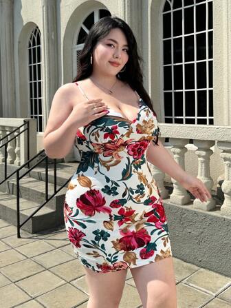 SHEIN Privé Plus Size Blommönster Pilgrimsmussla Trim Slim Fit Ärmlös klänning, för sommaren