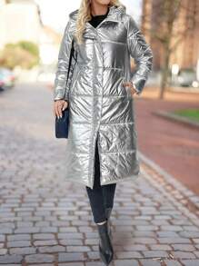 SHEIN Clasi 金属光泽面料连帽中长款加厚棉服冬季保暖外套 - 銀色 - 查看 5