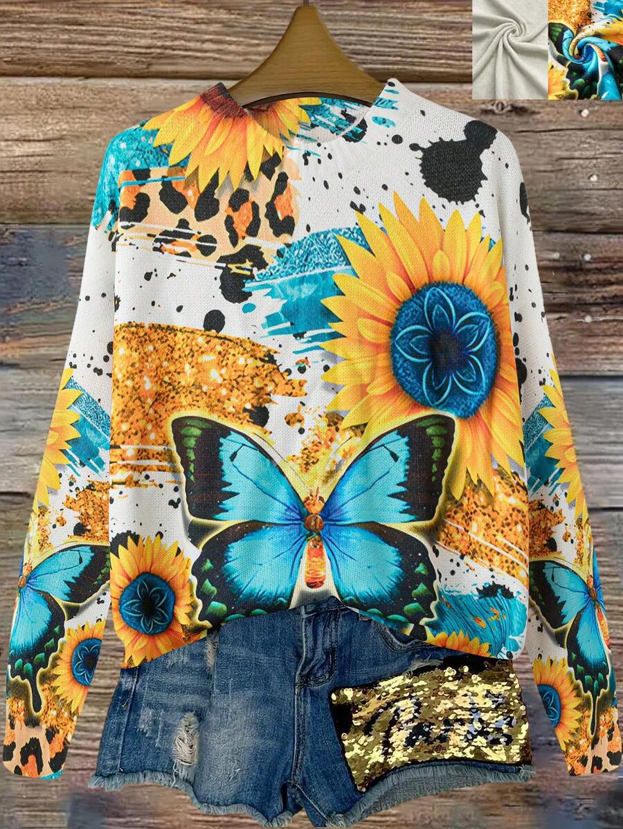 Suéter casual de cuello redondo con estampado de mariposas y flores para mujer de talla grande, de punto, para otoño/invierno - Multicolor - Ver 1