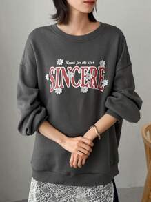 FRIFUL Women's Loose Fit Thermal Lined Printed Crew Neck Sweatshirt Fall,Winter - Grey - View 1