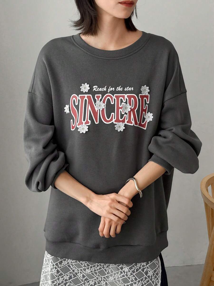 FRIFUL Women's Loose Fit Thermal Lined Printed Crew Neck Sweatshirt Fall,Winter - Grey - View 1