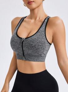 Basic Zipper Cross Racerback Seamless Sports Bra - Grey - View 3