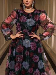 SHEIN Clasi 大码花卉印花圆领网眼撞色长袖连衣裙 - 彩色 - 查看 3