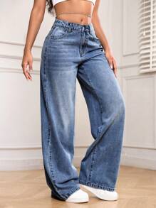 SHEIN PETITE 女士休闲纽扣前口袋简约牛仔裤，日常穿着