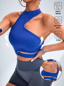 Innovista Camiseta deportiva de manga corta asimétrica, ropa deportiva diaria de soporte medio para yoga, pilates, HIIT, entrenamiento, oficina al gimnasio, running, boxeo, ropa de ejercicio de otoño, ropa de entrenamiento de otoño e invierno, diseño a rayas, movimiento cómodo, funcional, cardio, ejercicio, saludable, utilitario, elegante - azul real - Ver 1