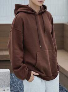 DAZY Sudadera con capucha de unicolor informal con cordón, otoño - Café integral - Ver 3