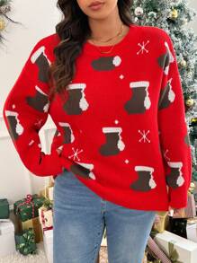 SHEIN Frenchy Áo len chui đầu họa tiết Giáng sinh cỡ lớn Intarsia - Đỏ - Xem 4