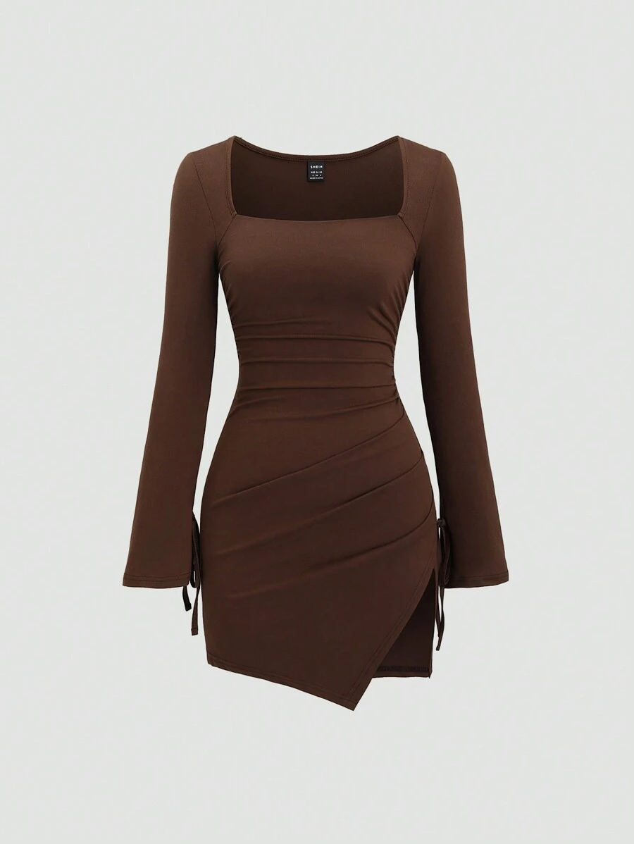 Sweetra 女式纯色方领长袖性感开衩 Y2K 连衣裙，秋季 - 咖啡棕 - 查看 1