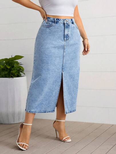SHEIN Essnce Plus Size Casual Washed Denim Split Hem Skirt, Autumn
