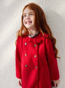 Blossori Young Girls French Style Elegant Red Bowknot Belted A-Line Double Breasted Coat For Autumn/Winter - Red - View 5