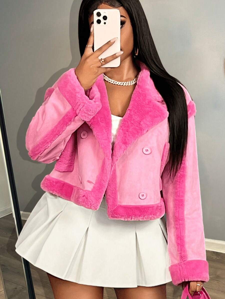 Women Faux Fur Coats - Hot Pink - View 1
