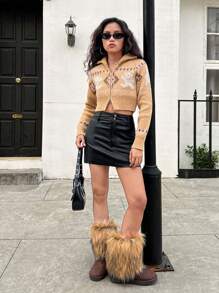 SHEIN Y2K Vintage Jacquard Pattern Contrast Color Dual Zipper Short Knitted Cardigan For Teenage Girls, Autumn/Winter