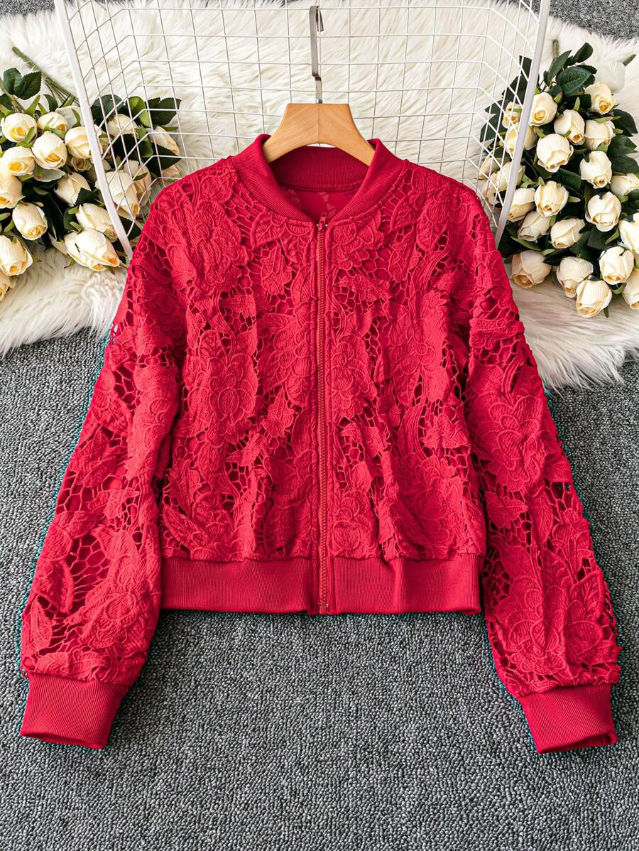 SHEIN LUNE Lace Up Zip Closure Regular Jacket - Red - View 1