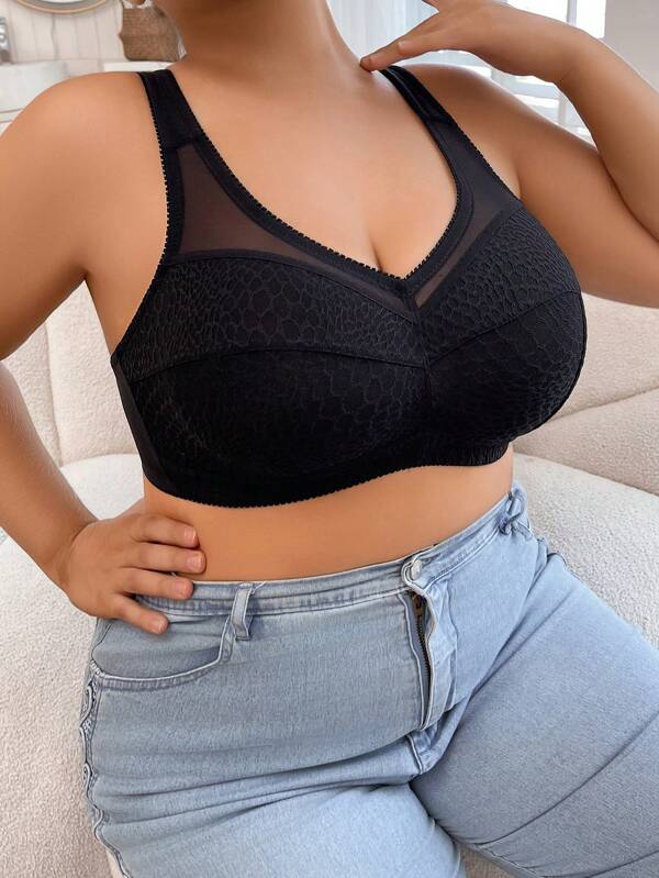 1pc Plus Size Women Sexy Fashion Mesh Patchwork Jacquard Fabric Bow Decor Soft Sponge Adjustable Strap Wireless Bra