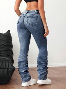 SHEIN ICON Women's Solid Color Distressed Ruched Pocket Casual All-Match Jeans - Blue - View 5