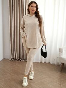 SHEIN LUNE 2 件套大码女式纯色落肩长袖连帽上衣和裤子休闲套装，秋季大码秋装 - 杏色 - 查看 3