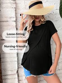 SHEIN Maternity Nursing Solid Wrap Front Tee - Black - View 5