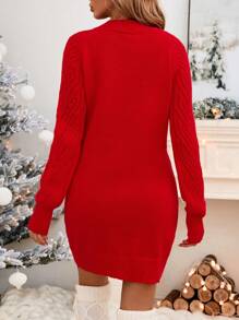 SHEIN LUNE Christmas Round Neck Lantern Sleeve Boucle Jacquard Textured Knit Fabric "Merry" Letter Towel Embroidery Casual & Commute Elegant Going-Out Warm Dress For Women, Autumn/Winter Holiday Edition - Red - View 2