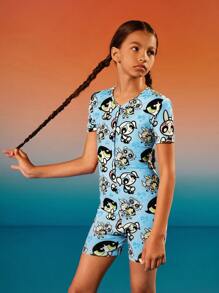 THE POWERPUFF GIRLS X SHEIN Tween Girl Cartoon Character Heart Random Print Button Front Homewear Pajama Romper - Blue - View 6
