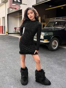SHEIN Vestido negro elegante y casual con cuello alto de lentejuelas, dobladillo con borde de piel, silueta ajustada, adecuado para fiesta y uso diario, otoño, para niñas y adolescentes