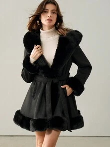 Anewsta Women's Thick Fluffy Trim Fluffy Fuzzy Banded Waist Jacket - Black - View 9