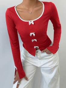 Aloruh Women's Colorblock Hem Long Sleeve Bow Decor Casual T-Shirt - Red and White - View 7