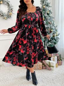 SHEIN Frenchy 1 pieza Vestido largo estampado de terciopelo para mujeres de talla grande, elegante, para otoño/invierno - Negro - Ver 6