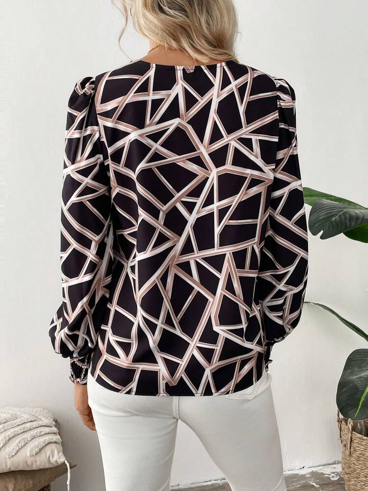 Women's V-Neck Long Sleeve Allover Print Minimalist Shirt, Casual For Daily Wear