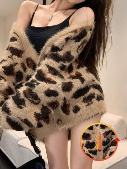 DAZY Women's Oversized Leopard Print V-Neck Cardigan, Autumn/Winter,Long Sleeve Tops,Fall Women Clothes