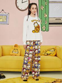 GARFIELD | SHEIN 女款白色圣诞跨年可爱卡通字母格子印花落肩宽松长袖上衣直筒裤睡衣套装冬季女睡衣套装节日秋季新年装秋装 - 白色 - 查看 8