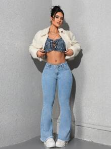SHEIN EZwear 女式休闲前扣口袋简约设计牛仔裤 - 淺色水洗藍 - 查看 3