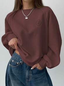 DAZY Pattern Embroidered Loose Fit Crew Neck Long Sleeve Women Sweatshirt - Coffee Brown - View 1
