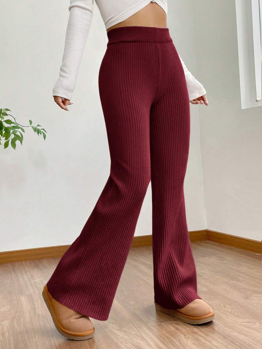 SHEIN EZwear Quần len ống loe cạp cao màu trơn cỡ lớn cho nữ, mùa thu/đông - Màu Đỏ Sâu - Xem 1