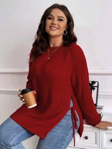 SHEIN LUNE Plus Size Women Christmas Fall Red Knitted Crew Neck Side Slit Bowknot Minimalist Sweater, Suitable For Halloween, Christmas, Valentine's Day, Thanksgiving, Easter, National Day, New Year Eve Parties For New Year Clothes, For Winter