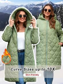 SHEIN CURVE+ Curve Plus 拉链连帽绗缝大衣，冬季 - 軍綠色 - 查看 1