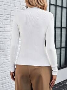 SHEIN LUNE 女士纯色立领罗纹针织长袖修身毛衣 - 白色 - 查看 2