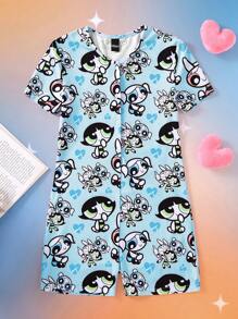THE POWERPUFF GIRLS X SHEIN Tween Girl Cartoon Character Heart Random Print Button Front Homewear Pajama Romper - Blue - View 1