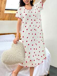 Dream Adore Camisón con estampado de corazón y dobladillo curvo de manga corta para mujer