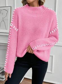 SHEIN LUNE 新款秋冬宽松长袖粉色针织套头衫 - 粉色 - 查看 4