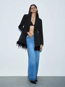 Maija 女士优雅长袖西装外套，带蓬松饰边和正面纽扣，适合派对、秋冬季 - 黑色 - 查看 2