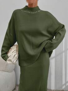 EURMUSE Women's Solid Color Faux Pearl Decor Stand Collar Long Sleeve Sweater And Knitted A-Line Skirt, Casual Suit For Autumn/Winter - Green - View 2