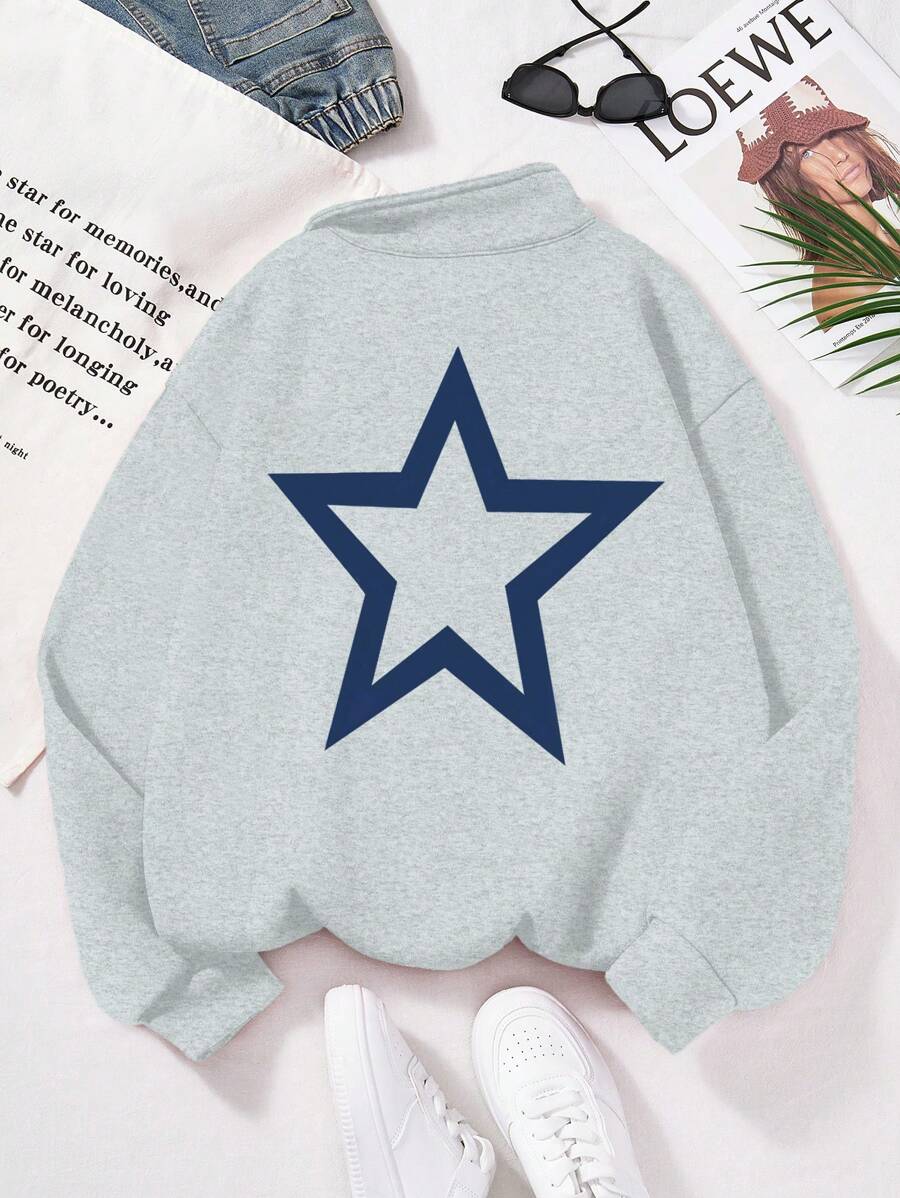 Tween Girls Star Print Dropped Shoulder Loose Sweatshirt For Vacation - Grey - View 1