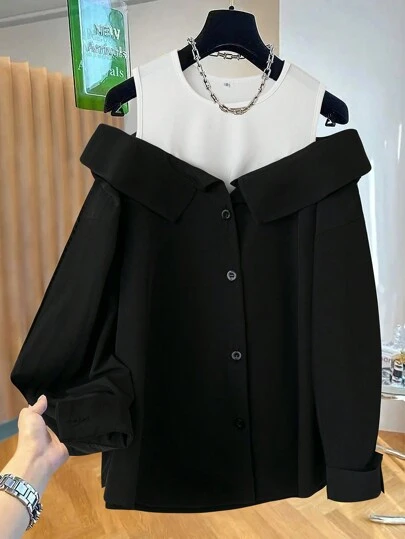 Franclia 2-In-1 Color Block Off Shoulder Casual Long Sleeve Blouse Women Shirt