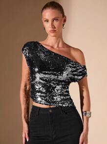 SHEIN BAE 1pc Women Minimalist Sexy Asymmetric Shoulder Top, Metallic Sequin Embellishment Slanted Hem, For Party Season, Autumn/Winter