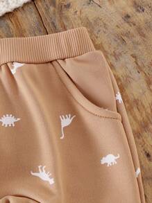 SHEIN Genkimix Kids Baby Boy Khaki Dinosaur Print Round Neck Long Sleeve Sweatshirt And Pants Casual Set, Autumn/Winter - Khaki - View 8