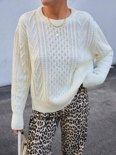 EURMUSE Women Mixed Knit Types Crochet Round Neck Casual Cool Sweater