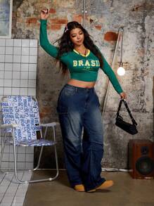 SHEIN ICON 大码休闲水洗阔腿男友牛仔裤，带翻盖口袋，春/秋 - 藍色 - 查看 6