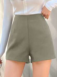 DAZY Women Solid Color Minimalist Casual Shorts - Olive Green - View 4