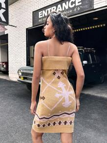 SHEIN Y2K Style Transparent Strap Contrast Color Jacquard Pattern Snug Fit Dress For Teenage Girls, Suitable For Dates, Gatherings, And Daily Commute