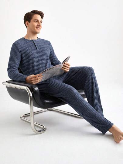 Men's Minimalist Long Sleeve Top And Pants Loungewear Set, Comfortable Homewear, Fall Winter Clothes, Fluffy Pajama, Cozy